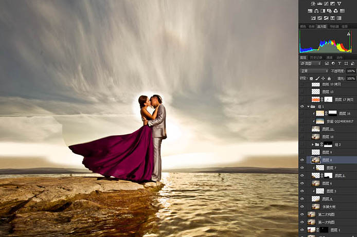 PS调出华丽大气的金色湖景婚纱照片