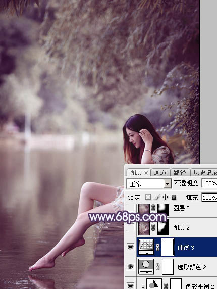 PS如何调制冷调紫色湖景人物写真照片
