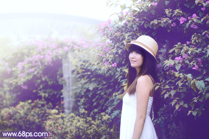 PS怎样调出唯美紫蓝色花园背景女生图片