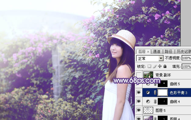 PS怎样调出唯美紫蓝色花园背景女生图片