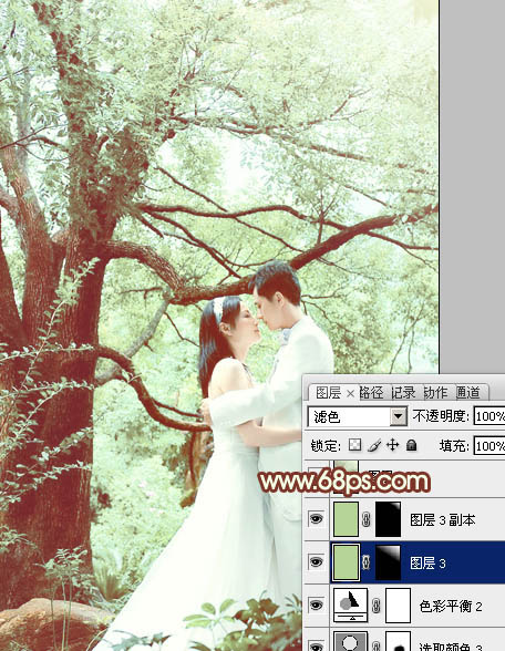 PS把绿色树林背景的婚纱照片调成淡绿色