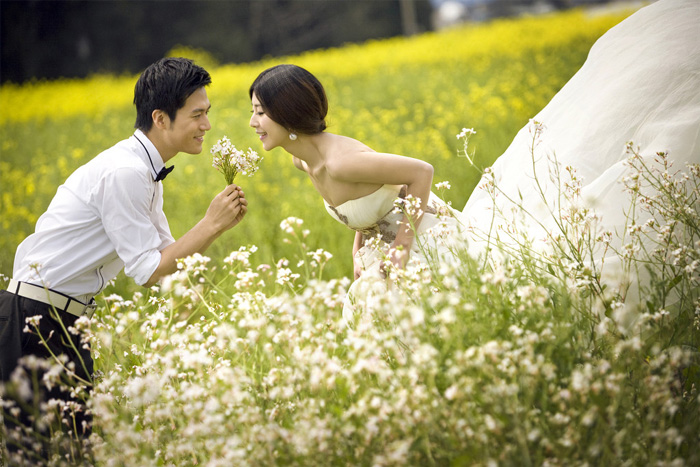 PS调出唯美淡绿色油菜花丛中的婚纱照片