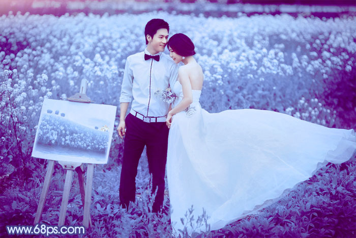 PS调出梦幻紫蓝色油菜花地中的婚纱照片