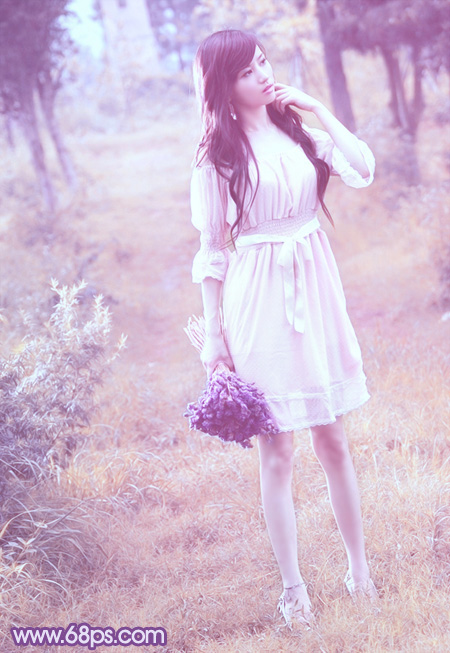 PS把小树林中的美女写真图片调成粉紫色