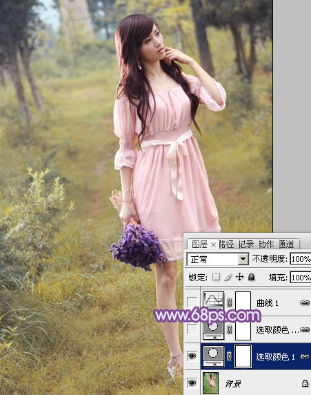 PS把小树林中的美女写真图片调成粉紫色