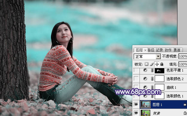 Photoshop把树下清纯女生图片调成青紫色