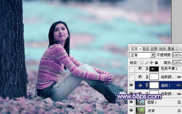 Photoshop把树下清纯女生图片调成青紫色