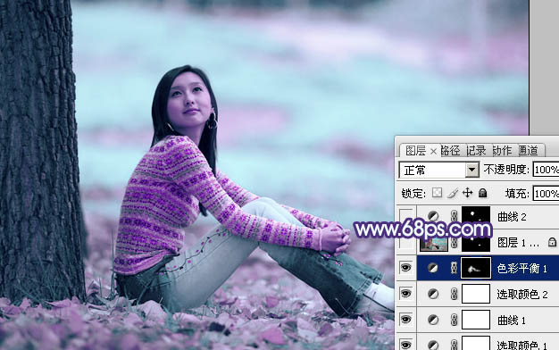 Photoshop把树下清纯女生图片调成青紫色