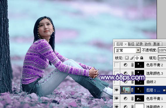 Photoshop把树下清纯女生图片调成青紫色