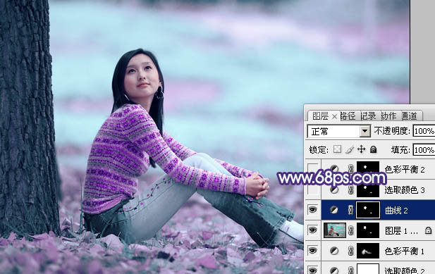 Photoshop把树下清纯女生图片调成青紫色