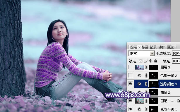 Photoshop把树下清纯女生图片调成青紫色