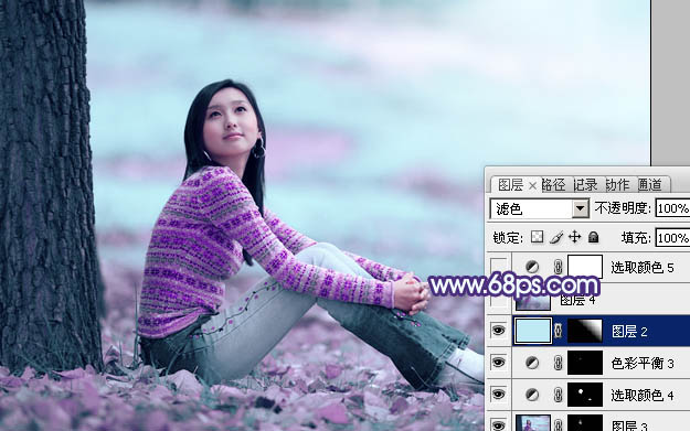 Photoshop把树下清纯女生图片调成青紫色