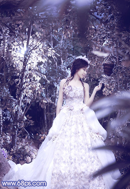 PS把树林中的新娘写真照片调成蓝紫色