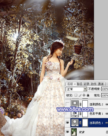PS把树林中的新娘写真照片调成蓝紫色