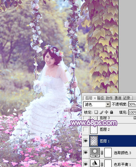 PS把秋千上的新娘照片调成唯美紫色