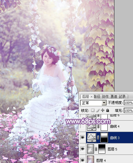 PS把秋千上的新娘照片调成唯美紫色