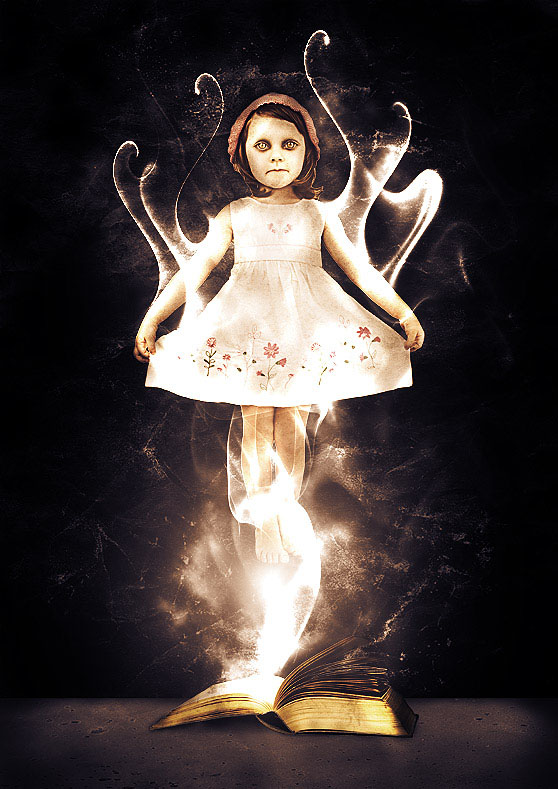 PS合成魔法书本中飞出的恐怖小女孩照片