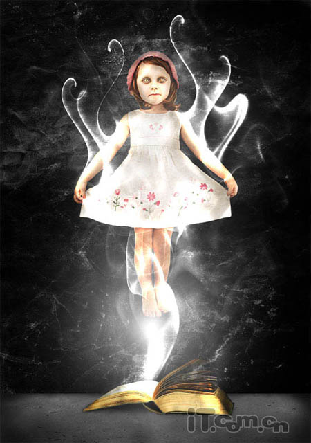 PS合成魔法书本中飞出的恐怖小女孩照片