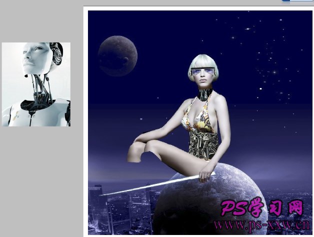 PS合成蓝色星空背景的科幻机器人照片