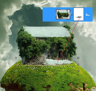 PS合成悬在空中的老树房屋图片