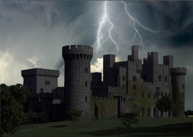 PS快速合成黑夜闪电效果的城堡照片