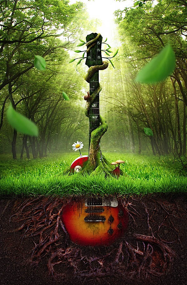 用PS合成树枝缠绕效果的创意吉他图片