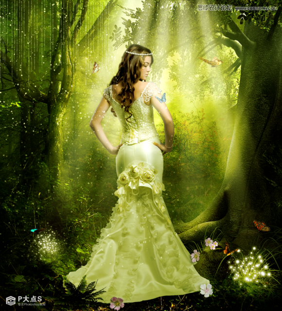 PS合成绿光森林场景中的婚纱美女照片