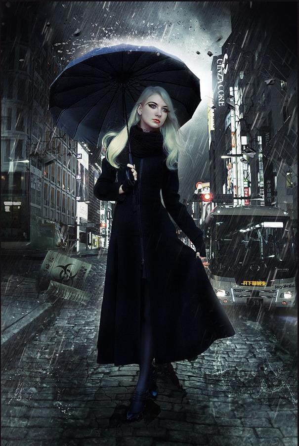 PS合成暴雨中行走在城市街道中的吸血女孩