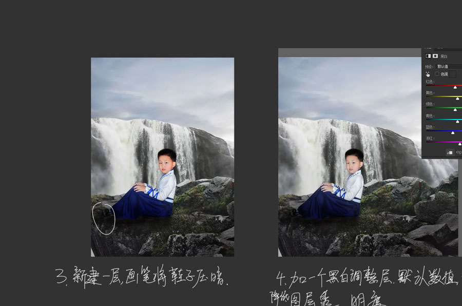PS合成悬崖瀑布场景前打坐的男孩图片
