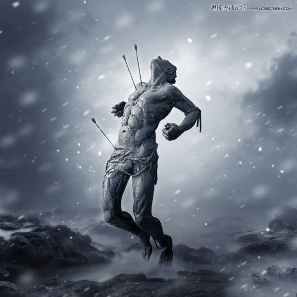 PS合成暴风雪场景中的中箭巨人勇士雕塑图片