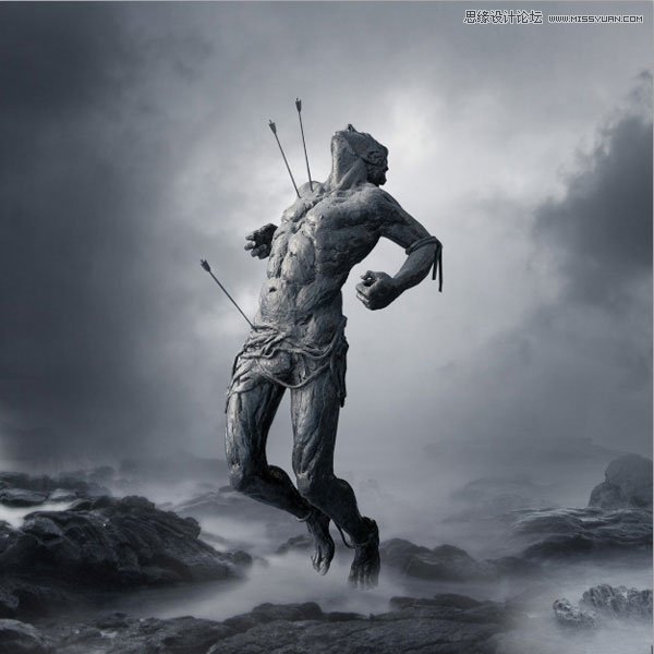 PS合成暴风雪场景中的中箭巨人勇士雕塑图片