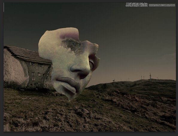 合成诡异巨石人脸雕像场景图片的PS教程