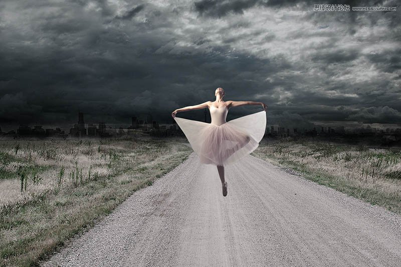 PS合成乌云密布马路上跳芭蕾舞的女孩图片
