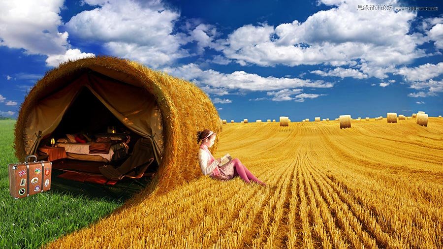 Photoshop合成秋季麦田收割场景海报图片
