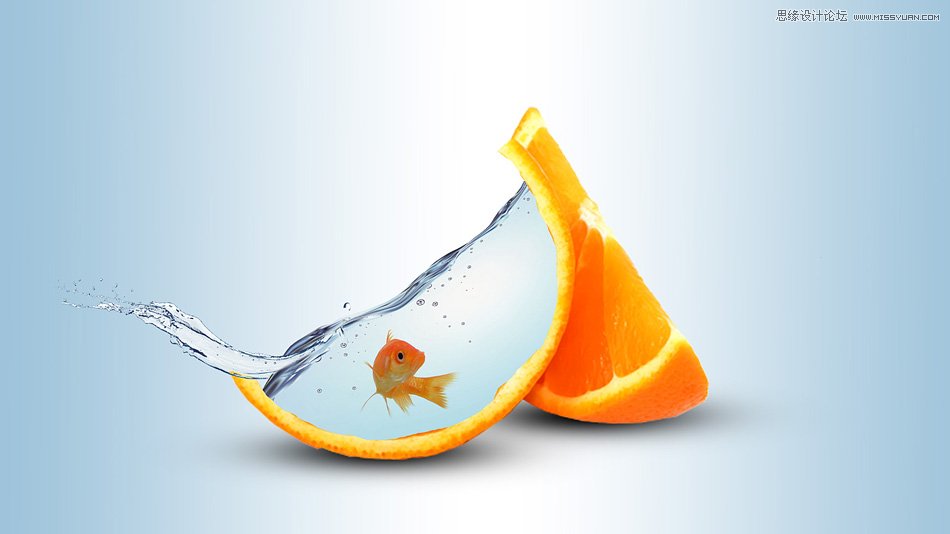 PS合成橙子皮透明鱼缸中游泳的金鱼图片