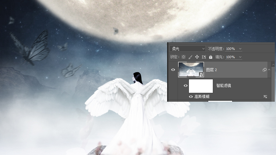 PS合成月光下的白色翅膀天使女孩背影照片