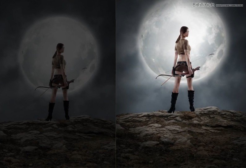 PS合成巨型月亮下的战斗女弓箭手场景图片