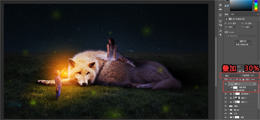 PS合成黑夜草原上的美女与野兽场景图片