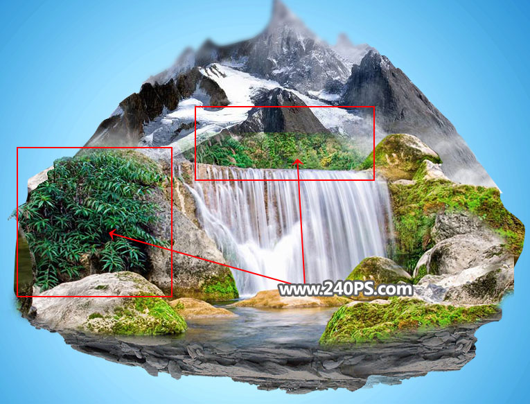 合成创意空中悬浮山水瀑布场景图片的PS教程