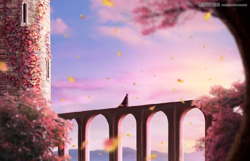 PS合成紫红色秋季落叶梦幻城堡场景图片