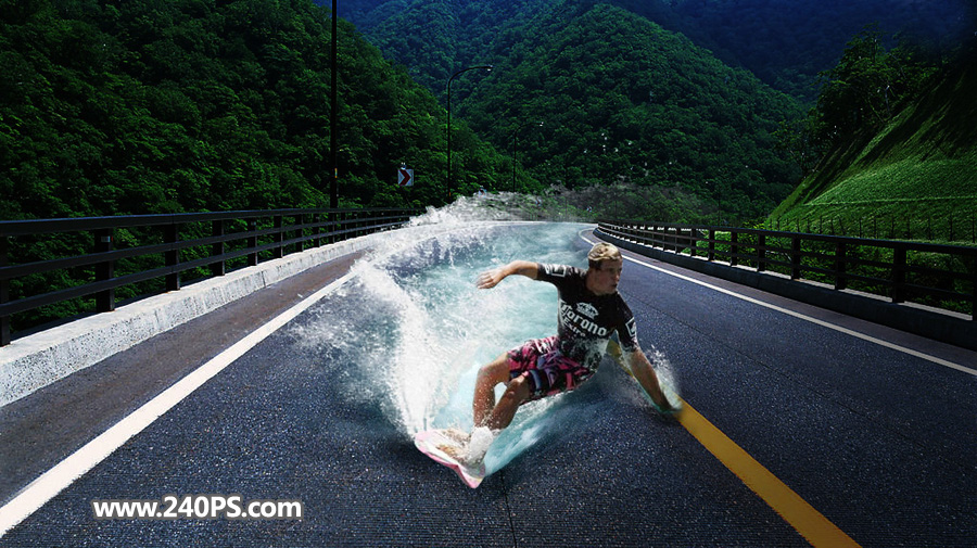 PS合成高速公路上创意冲浪人物图片