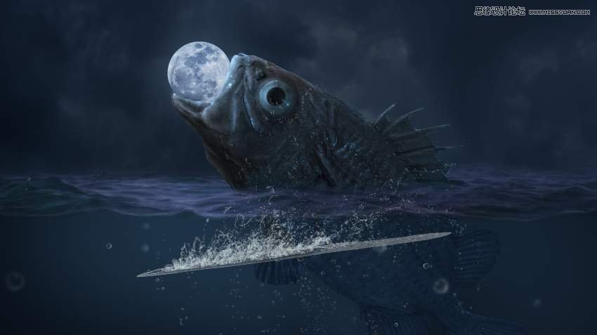 合成巨大鱼怪吃掉超级月亮图片的PS教程