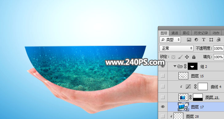 Photoshop合成手掌中的创意水立方冲浪图片