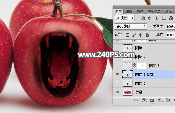 合成张开恐怖大嘴苹果图片的PS教程