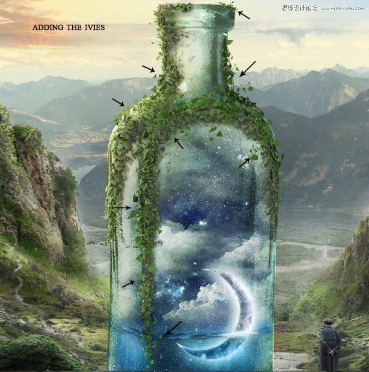 PS合成山谷中爬满藤蔓的巨大瓶子图片