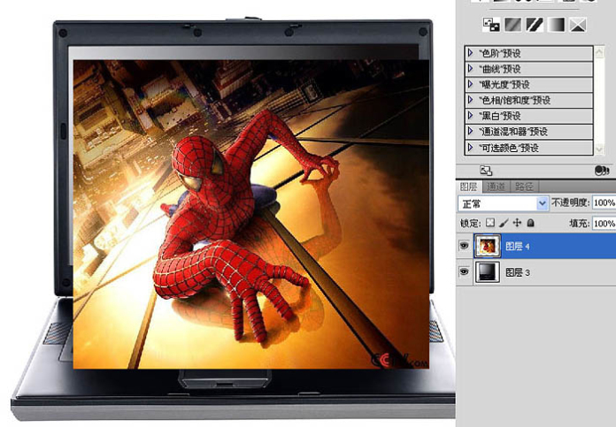 PS合成笔记本电脑屏幕中爬出来的蜘蛛侠