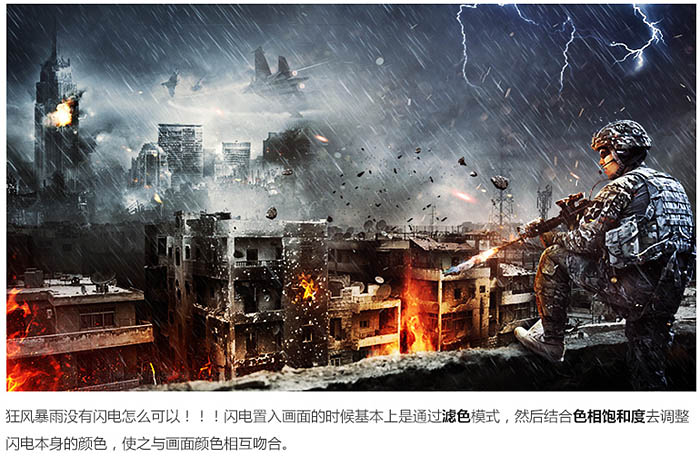 PS合成暴风雨中的城市战争海报图片