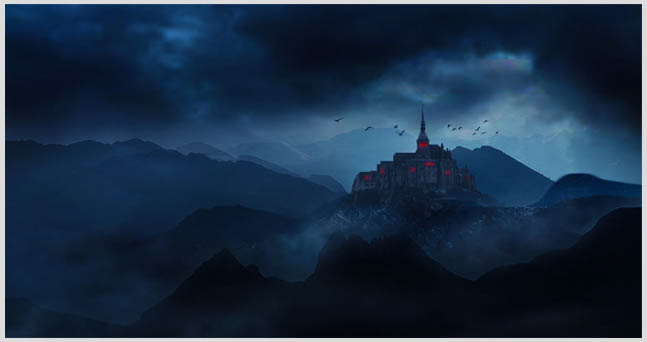 PS合成发红光的恐怖山区城堡图片