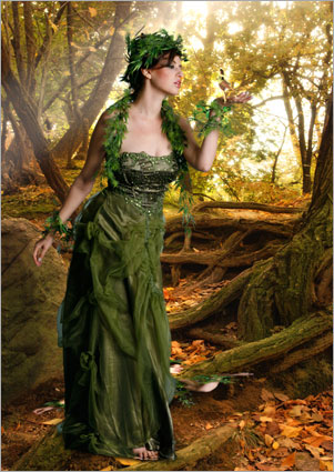 PS合成梦幻树林中的绿衣天使图片