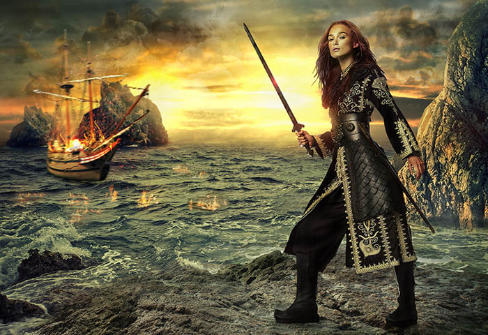 用PS合成海战场景的超酷女海盗图片